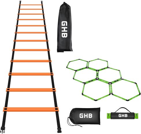 GHB Agility Ladder 1 Pack and Hex Agility Rings 1 Pack 12 Rung 20ft with 3 Carrying Bag in Kuwait