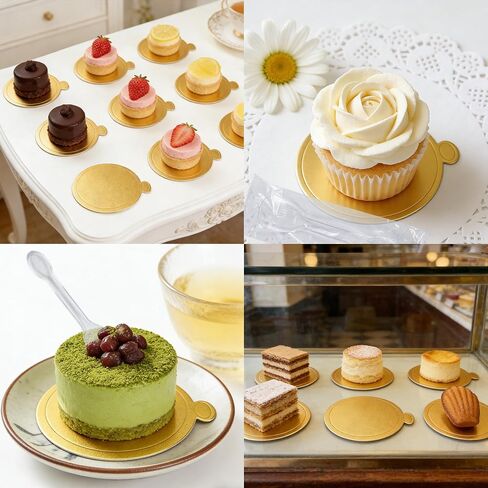 50PCS 3.6 Inch Mini Cake Boards Paper Plates Circle Dessert Boards with Tasting Spoons for Cupcake Tiny Dessert Display Trays, Wedding Birthday Party Supplies in Kuwait