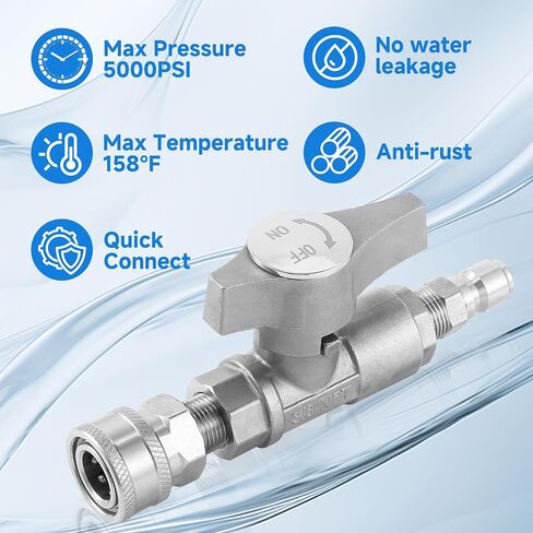 Ball Valve Pressure Washer– 3/8" Quick Connect Shut Off Valve for Power Washer Hose, 5000 PSI, Stainless Steel, Ideal for Fast Switching Between Surface Cleaner & Spray Gun in Kuwait