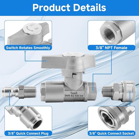 Ball Valve Pressure Washer– 3/8" Quick Connect Shut Off Valve for Power Washer Hose, 5000 PSI, Stainless Steel, Ideal for Fast Switching Between Surface Cleaner & Spray Gun in Kuwait