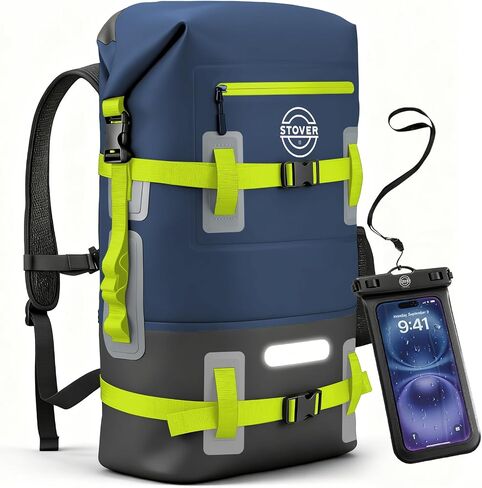 STOVER 40L Waterproof Dry Backpack & Phone Case - X-Large Floating Dry Bag for Kayaking, Travel, Hiking, Fishing, Camping, Motorcycles & Beach, Heavy-Duty Roll Top Men/Women (Navy Blue/Black/Green) in Kuwait