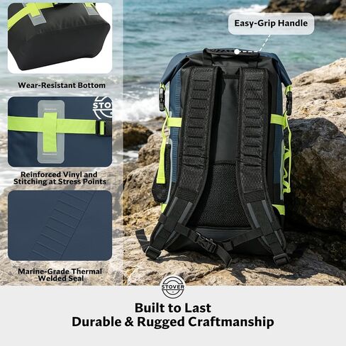 STOVER 40L Waterproof Dry Backpack & Phone Case - X-Large Floating Dry Bag for Kayaking, Travel, Hiking, Fishing, Camping, Motorcycles & Beach, Heavy-Duty Roll Top Men/Women (Navy Blue/Black/Green) in Kuwait