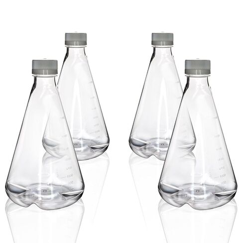 Eisco - حزمة من 4، قوارير PETG Erlenmeyer معقمة سعة 2 لتر، غير مهواة، ذات قاع محير، معقمة بأشعة غاما، USP الفئة VI، درجة مختبرية، تخزين كيميائي، ثقافة الخلايا، خلط in Kuwait