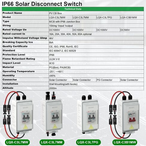 CNLONQ Solar PV Disconnect Switch 30A 500V DC Miniature Circuit Breaker IP66 Waterproof with PV Connector and Install Hook for Balcony Solar Panel, RV, Battery and Home in Kuwait