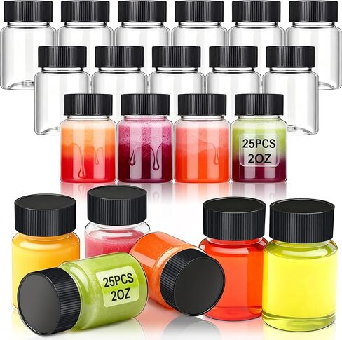 25 Pack 2 oz Plastic Shot Bottles with Cap, Empty Containers for Ginger, Juice, Liquids, Sample, Reusable Small Wide Mouth Travel Bottles for Valentine's day DIY, Weddings, Parties in Saudi Arabia