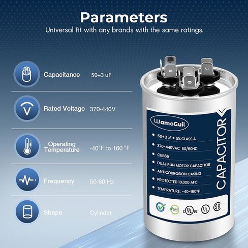 50/3 uF 50+3 MFD 370VAC or 440VAC Dual Run Start Round A/C Capacitor CBB65 CBB65B Air Conditioner Capacitors for AC Unit Fan Motor Start or Heat Pump or Condenser Straight Cool in Kuwait