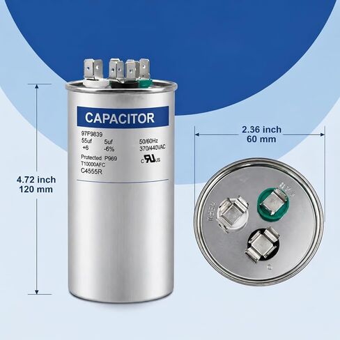 97F9839 55+5 uF 55/5 MFD 370V/440V AC Round Dual Run Capacitor, Replacement for Unit Heat Pump Condenser Fan Motor C4555R in Kuwait