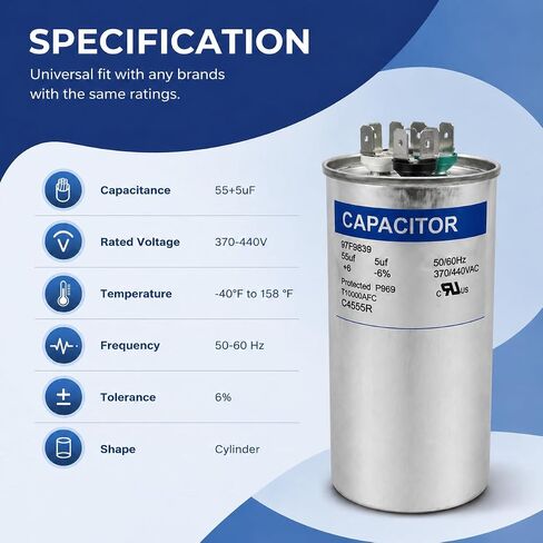 97F9839 55+5 uF 55/5 MFD 370V/440V AC Round Dual Run Capacitor, Replacement for Unit Heat Pump Condenser Fan Motor C4555R in Kuwait