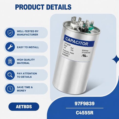 97F9839 55+5 uF 55/5 MFD 370V/440V AC Round Dual Run Capacitor, Replacement for Unit Heat Pump Condenser Fan Motor C4555R in Kuwait