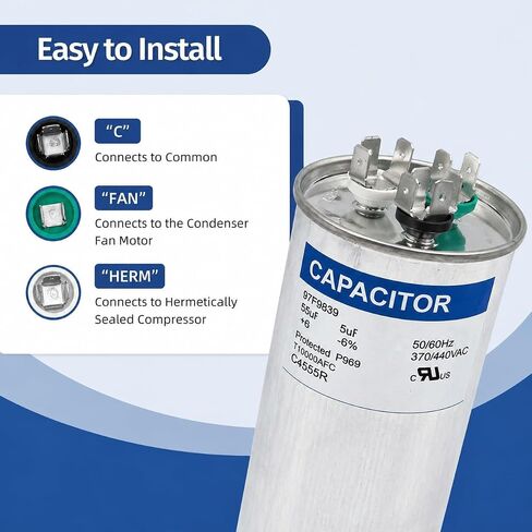 97F9839 55+5 uF 55/5 MFD 370V/440V AC Round Dual Run Capacitor, Replacement for Unit Heat Pump Condenser Fan Motor C4555R in Kuwait