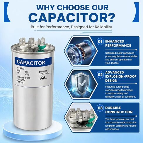 97F9839 55+5 uF 55/5 MFD 370V/440V AC Round Dual Run Capacitor, Replacement for Unit Heat Pump Condenser Fan Motor C4555R in Kuwait