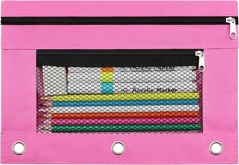3 حلقة القلم الرصاص Pender Pouch - Axford Fabric Pencil Case مع 2 جيوب سحاب ، حقيبة قلم رصاص شبكية واضحة ، وحجم B5 للمدرسة والمكاتب والسفر (الوردي) in Kuwait