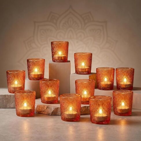 12 Pack Mandala Embossed Glass Candle Holders – Votive Tealight Holders with Patent Design, Decorative Embossed Glass Cups for Wedding Centerpieces, Parties, and Home Décor (Ocean Blue) in Saudi Arabia