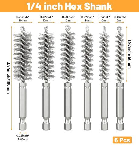6 Pcs Wire Brush for Drill, Stainless Steel Bore Brush for Drill Attachment with 1/4" Hex Shank, 8-19mm Sizes for Rust & Pipe Cleaning in Kuwait