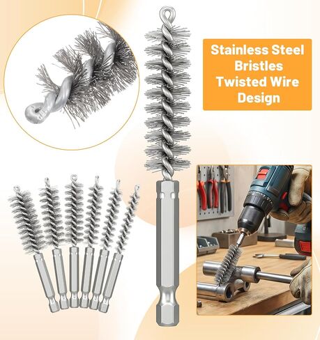 6 Pcs Wire Brush for Drill, Stainless Steel Bore Brush for Drill Attachment with 1/4" Hex Shank, 8-19mm Sizes for Rust & Pipe Cleaning in Kuwait