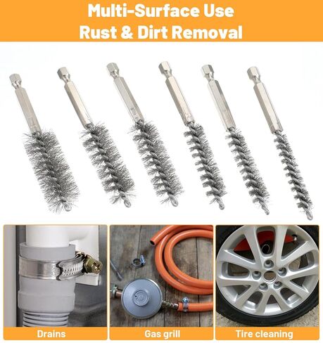6 Pcs Wire Brush for Drill, Stainless Steel Bore Brush for Drill Attachment with 1/4" Hex Shank, 8-19mm Sizes for Rust & Pipe Cleaning in Kuwait