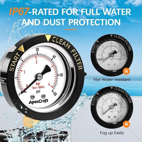 Pool Filter Pressure Gauge,Stainless Steel Case, Anti-Corrosive,IP67 Waterproof, 0-60 PSI, 2" Dial, 1/4" NPT Bottom Mount, for Pool Pump, Spa, Aquarium Filter, Clean Filter Indicator in Kuwait