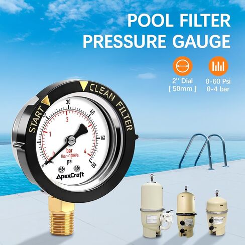 Pool Filter Pressure Gauge,Stainless Steel Case, Anti-Corrosive,IP67 Waterproof, 0-60 PSI, 2" Dial, 1/4" NPT Bottom Mount, for Pool Pump, Spa, Aquarium Filter, Clean Filter Indicator in Kuwait