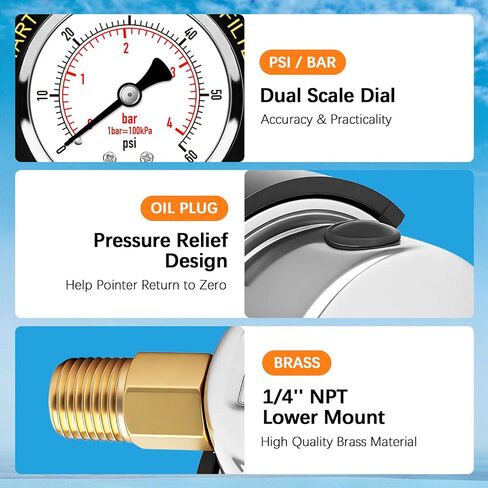 Pool Filter Pressure Gauge,Stainless Steel Case, Anti-Corrosive,IP67 Waterproof, 0-60 PSI, 2" Dial, 1/4" NPT Bottom Mount, for Pool Pump, Spa, Aquarium Filter, Clean Filter Indicator in Kuwait