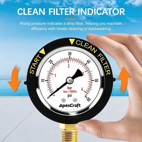 Pool Filter Pressure Gauge,Stainless Steel Case, Anti-Corrosive,IP67 Waterproof, 0-60 PSI, 2" Dial, 1/4" NPT Bottom Mount, for Pool Pump, Spa, Aquarium Filter, Clean Filter Indicator in Kuwait