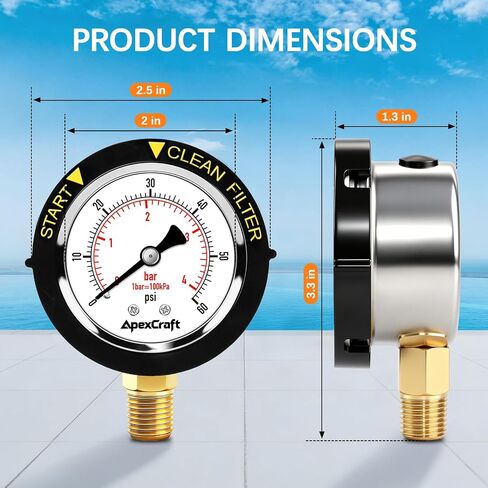 Pool Filter Pressure Gauge,Stainless Steel Case, Anti-Corrosive,IP67 Waterproof, 0-60 PSI, 2" Dial, 1/4" NPT Bottom Mount, for Pool Pump, Spa, Aquarium Filter, Clean Filter Indicator in Kuwait
