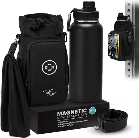 Magnetic Gym Bag & Magnetic Water Bottle Holder Set - 40oz Insulated Stainless Steel Bottle, Microfiber Towel, Cross Body Strap & Phone Holder Magnet - Gym Bag Essentials for Fitness, Work & Travel in Kuwait