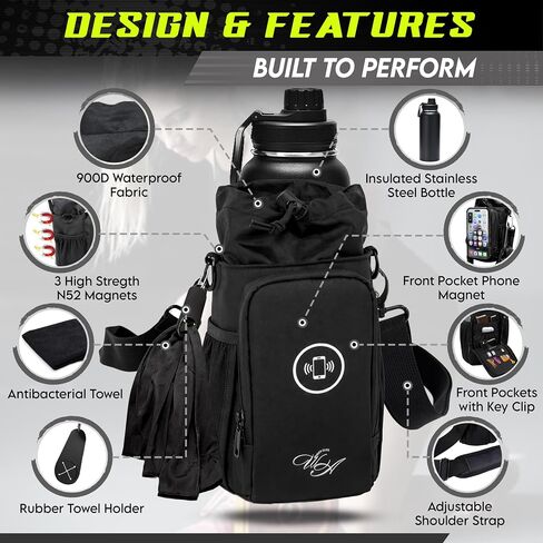 Magnetic Gym Bag & Magnetic Water Bottle Holder Set - 40oz Insulated Stainless Steel Bottle, Microfiber Towel, Cross Body Strap & Phone Holder Magnet - Gym Bag Essentials for Fitness, Work & Travel in Kuwait