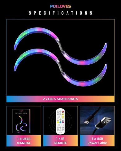 طاقم عمل LED على شكل حرف S لراقصات البوي، 241 وضع إضاءة، طاقم سحري قابل لإعادة الشحن USB مع ألوان قابلة للتخصيص، تأثير بصري عميق لأداء مهرجان الهذيان للفنون المتدفقة in Kuwait