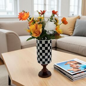 Checker Porcelain Flower Vase Home Decor, Black and White Ceramic Vase for Dining Table Kitchen Tabletop Minimalist Decorative(H-7.68inches,Wooden Base) in Saudi Arabia