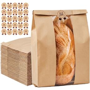 100PCS Large Kraft Paper Bread Bags for Homemade Bread, Bakery Bags with Clear Window and 100PCS Label Seal Stickers, 13.7x8.2x3.5 Inches Sourdough Toast Cookie Bags for Packaging, Storage, Gifting in Saudi Arabia