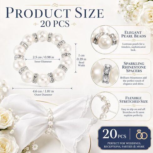 20Pcs Pearl Napkin Rings,Napkin Rings, Elegant Rhinestone Silver Serviette Buckles for Weddings, Party Supplies and Table Decor in Kuwait