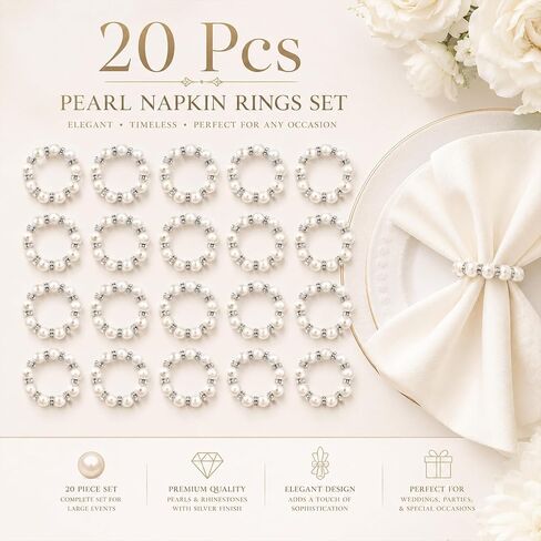 20Pcs Pearl Napkin Rings,Napkin Rings, Elegant Rhinestone Silver Serviette Buckles for Weddings, Party Supplies and Table Decor in Kuwait