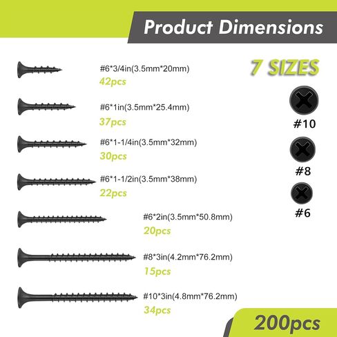 Wood Screws Assortment Kit, 200PCS High Hardness Phillips Bugle Head Drywall Screws Set, Coarse Thread & Black Oxide, 7 Sizes (3″, 2″, 1-1/2″, 1-1/4″, 1″, 3/4″), Ideal for Woodworking/Household/DIY in Kuwait