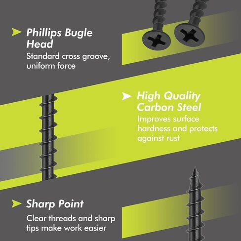Wood Screws Assortment Kit, 200PCS High Hardness Phillips Bugle Head Drywall Screws Set, Coarse Thread & Black Oxide, 7 Sizes (3″, 2″, 1-1/2″, 1-1/4″, 1″, 3/4″), Ideal for Woodworking/Household/DIY in Kuwait