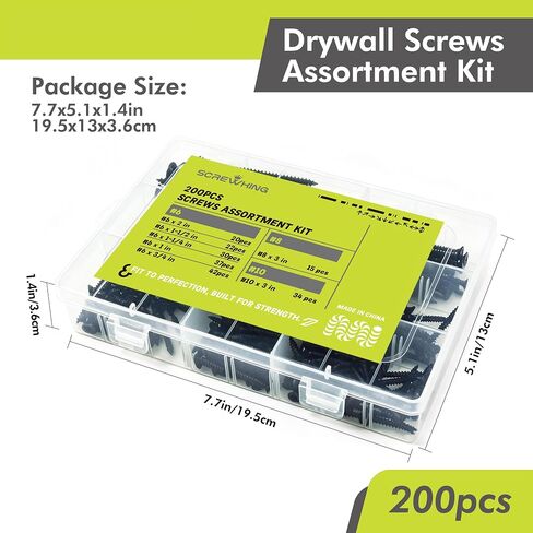 Wood Screws Assortment Kit, 200PCS High Hardness Phillips Bugle Head Drywall Screws Set, Coarse Thread & Black Oxide, 7 Sizes (3″, 2″, 1-1/2″, 1-1/4″, 1″, 3/4″), Ideal for Woodworking/Household/DIY in Kuwait