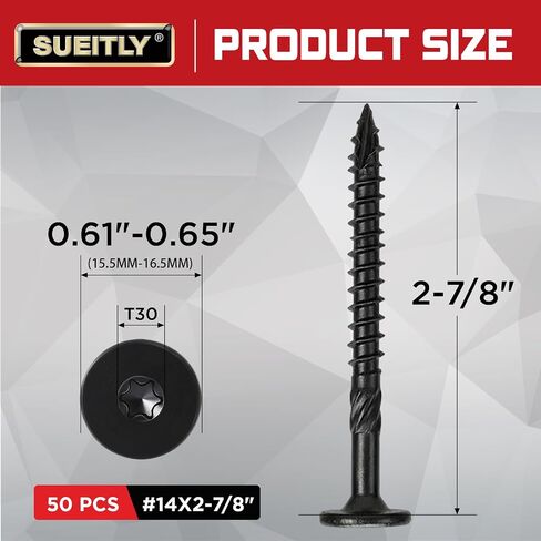 #14 x 2-7/8" Black Deck Screws, T30 Torx Drive Exterior Wood Screws, Epoxy Coated for Pressure Treated Lumber (50 Pack) in Kuwait