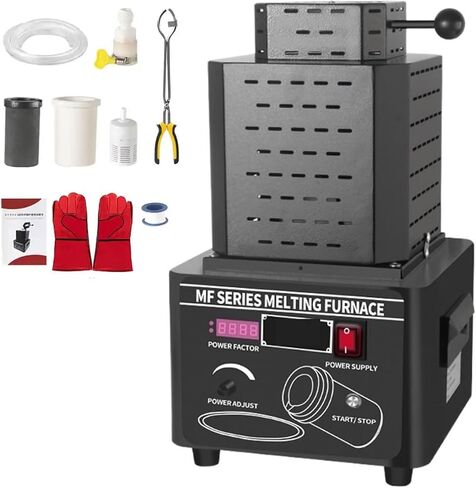 Medium Frequency Gold Melting Furnace, 1600℃ /2912℉ Electric Melting Furnace Machine, 5000W Smelting Machine with Graphite Crucible, for Refining Metals Gold Silver Tin Aluminum (2kg) in Kuwait