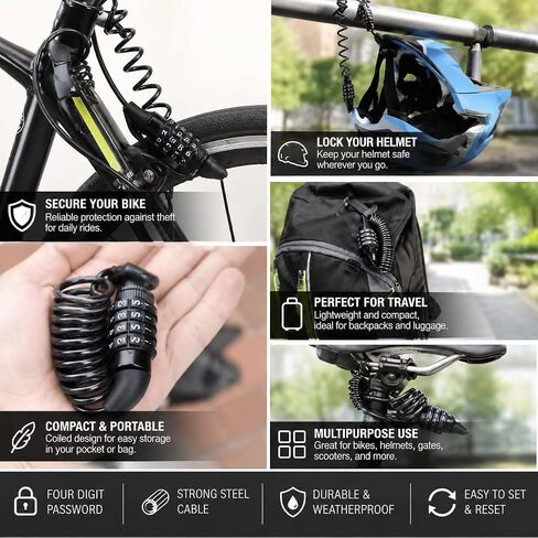 2Pcs Motorcycle/Bike Cable Helmet Combination Lock,4.6 ft Long Steel Cable Retractable,Locking for Travel Luggage, Suitcase, Bag, Snowboard,Stroller, Motorcycle Helmet Anti Theft（2 Pack） in Kuwait