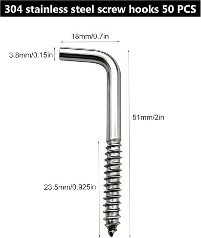 304 Stainless Steel Screw in Hooks 50 Pieces, 2 Inch L Shape Hook, 7 Shape Screw Hooks Picture Frame Hooks M3.8 in Kuwait