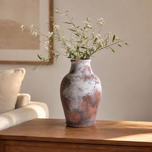 Handmade Rustic Ceramic Decorative vase, 8.3 x 5.5 inches, Off-White, Handcrafted in Vintage Style, Complements Rustic, Country, and Various Decor Themes. in Saudi Arabia