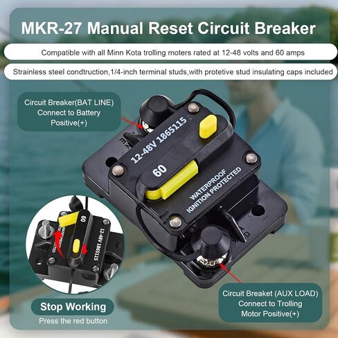 MKR-28 1865120 قابس ومقبس محرك التصيد مع مجموعة قواطع دوائر MKR-27 1865115 60A مناسبة لـ Minn Kota 12V - 48V طقم توصيل طاقة محرك التصيد، المياه العذبة والمياه المالحة البحرية in Kuwait