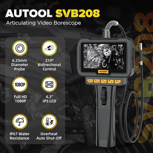منظار فيديو مفصلي من AUTOOL SVB208، كاميرا منظار مع ضوء، مسبار رفيع للغاية 6.25 مم، شاشة LCD مقاس 4.3 بوصة مع كاميرا مفصلية تكبير 8X، كاميرا ثعبان مقاومة للماء IP67 لفحص محرك السيارات in Kuwait