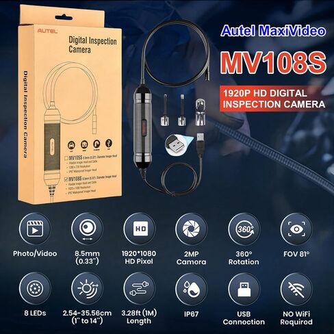 Autel MaxiVideo MV108S Digital Inspection Camera Work with PC MX808 MX900 MS906Pro MS908 MS909 MS919 Ultra, Video Inspection Scope, Waterproof Imager Head, USB Industrial Endoscope, IP67 Waterproof in Kuwait