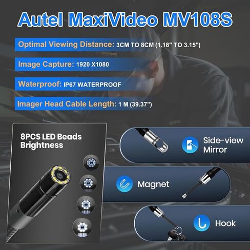 Autel MaxiVideo MV108S Digital Inspection Camera Work with PC MX808 MX900 MS906Pro MS908 MS909 MS919 Ultra, Video Inspection Scope, Waterproof Imager Head, USB Industrial Endoscope, IP67 Waterproof in Kuwait