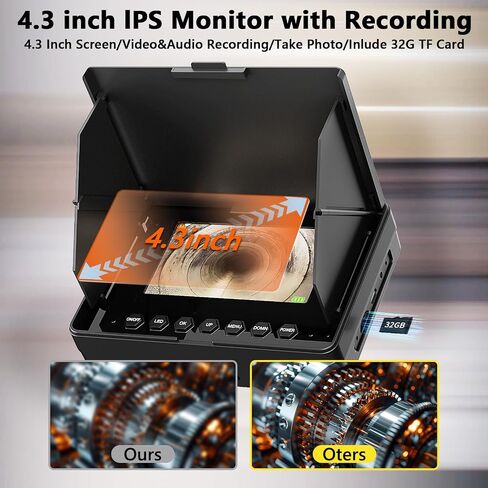 كاميرا الصرف الصحي، 100FT/30M 4.3 بوصة فحص تصريف الأنابيب مع وظيفة DVR وأضواء LED، 23 مم بوريسكوب سباكة 8500 مللي أمبير بطارية مقاومة للماء IP68 منظار HD 1000TVL بطاقة 32 جيجابايت (كاميرا 23 مم) in Kuwait