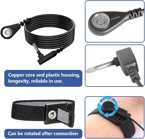 سوار معصم وكابل أرضي - مجموعات أحزمة المعصم ESD المتوافقة مع وحدات TENS EMS، محيط المعصم 7 بوصات، كابل بطول 15 قدمًا (أسود) in Saudi Arabia