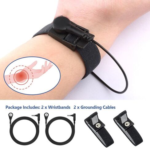 سوار معصم وكابل أرضي - مجموعات أحزمة المعصم ESD المتوافقة مع وحدات TENS EMS، محيط المعصم 7 بوصات، كابل بطول 15 قدمًا (أسود) in Saudi Arabia