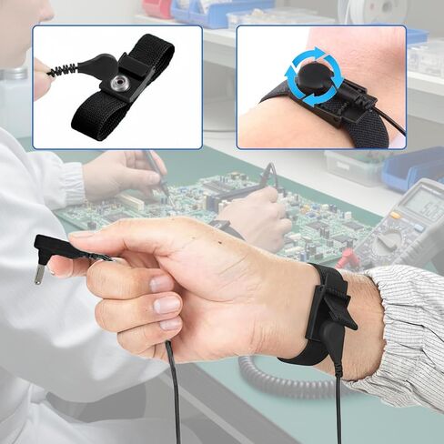 سوار معصم وكابل أرضي - مجموعات أحزمة المعصم ESD المتوافقة مع وحدات TENS EMS، محيط المعصم 7 بوصات، كابل بطول 15 قدمًا (أسود) in Saudi Arabia
