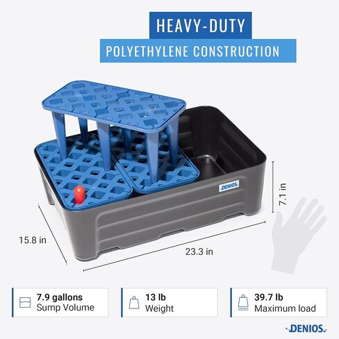 DENIOS® Spill Containment Tray with Grate - 7.9 Gallon Capacity & Included Leak Indicator | Heavy-Duty Spill Tray (23.3"x15.8"x7.1") for Industrial Use | Leak-Proof, Durable, Chemical-Resistant Pan in Kuwait