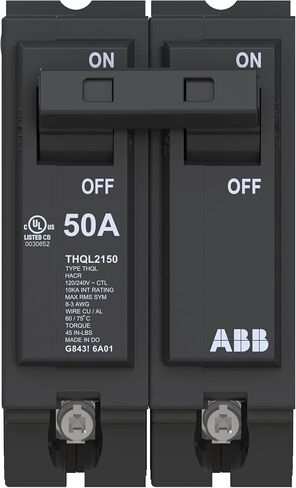 قاطع الدائرة ABB Q-Line® THQL2150 • قاطع ثنائي القطب بقدرة 50 أمبير • 120/240 فولت تيار متردد • تصنيف مقاطعة 10 kAIC • قاطع توصيل مغناطيسي حراري لمراكز التحميل in Kuwait
